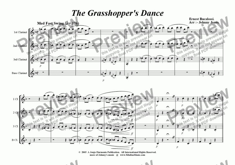 page one of Grasshopper's Dance The  ( Clarinet Quartet,  Easy Swing )