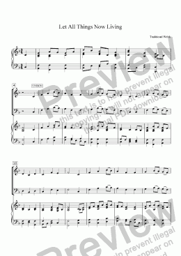 page one of Let All Things Now Living (TRAD. WELSH) Thanksgiving Anthem for 3-part mixed voices (SAB) Choir with Piano accompaniment, arr. by Pamela Webb Tubbs
