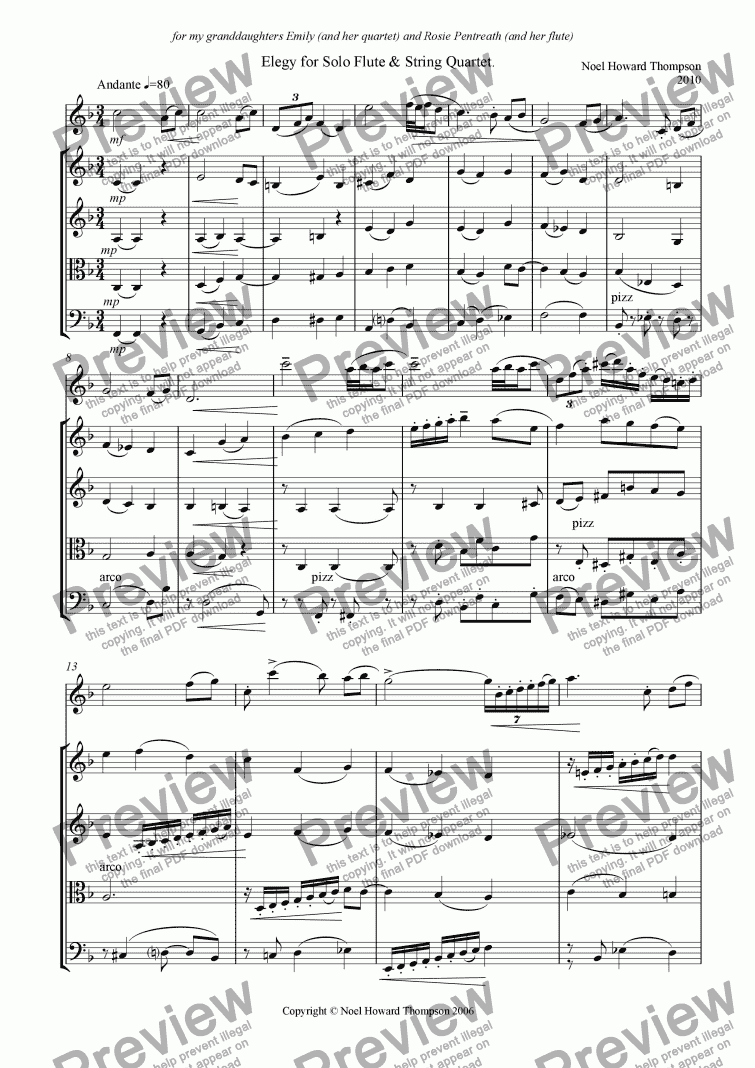 page one of Elegy for Solo Flute and String Quartet