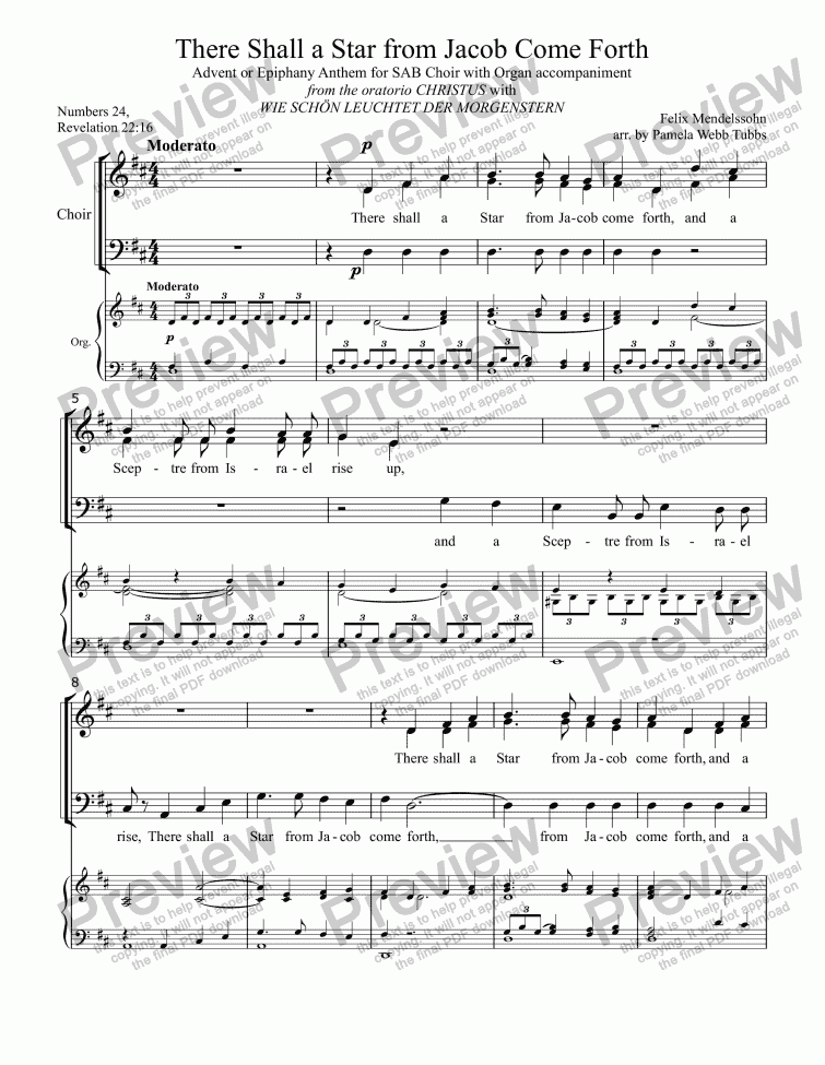 page one of There Shall a Star From Jacob Come Forth (MENDELSSOHN) (from oratorio "Christus"), Advent anthem for SAB Choir with Organ accompaniment, arr. by Pamela Webb Tubbs