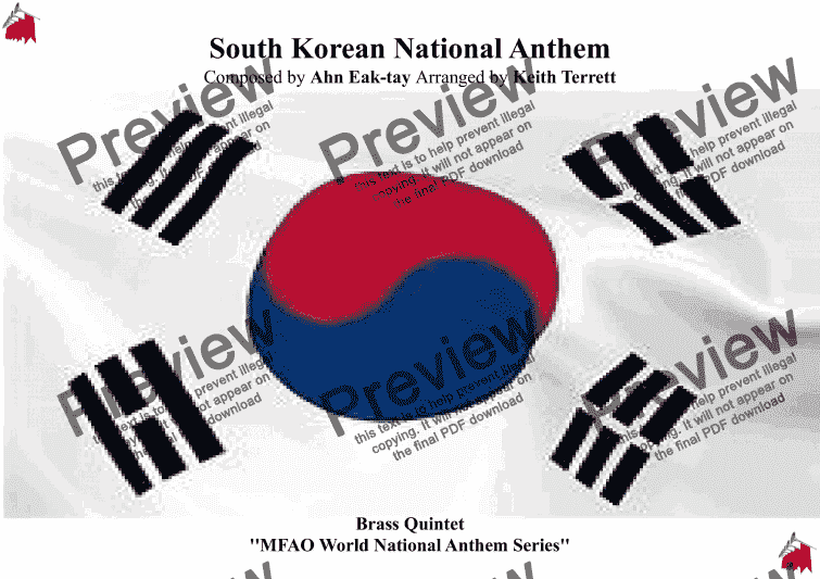 page one of South Korean National Anthem for Brass Quintet (MFAO World National Anthem Series)