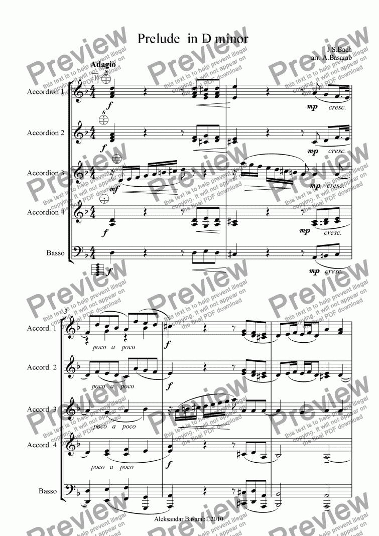 page one of Bach - Little Prelude in D minor for organ, arr. for accordion orchestra