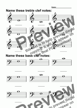 page one of ABC Worksheet 19: Name these Notes (Treble and Bass)