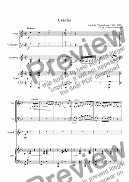 page one of Monti - Czardas, arr. for Violin, Violoncello, Accordion & Piano