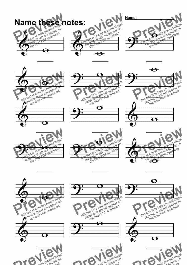 page one of ABC Worksheet 20: Name these Notes (Mixed)