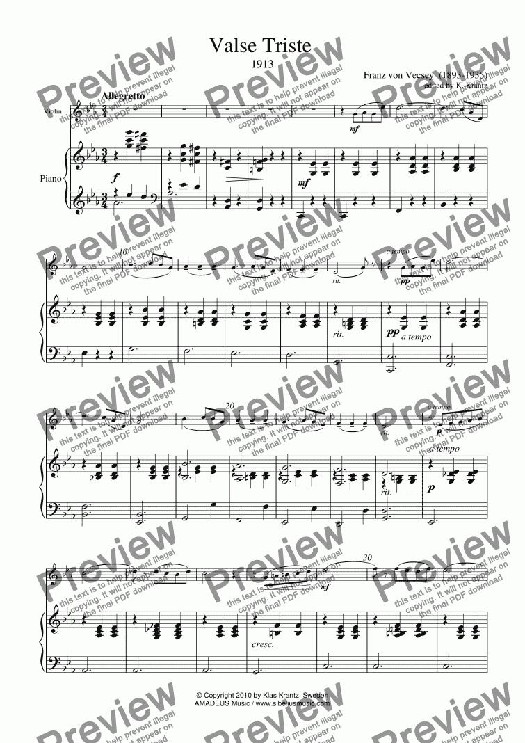 page one of Valse trist for violin and piano