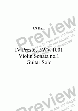 page one of BWV 1001, IV Presto for Solo Guitar 