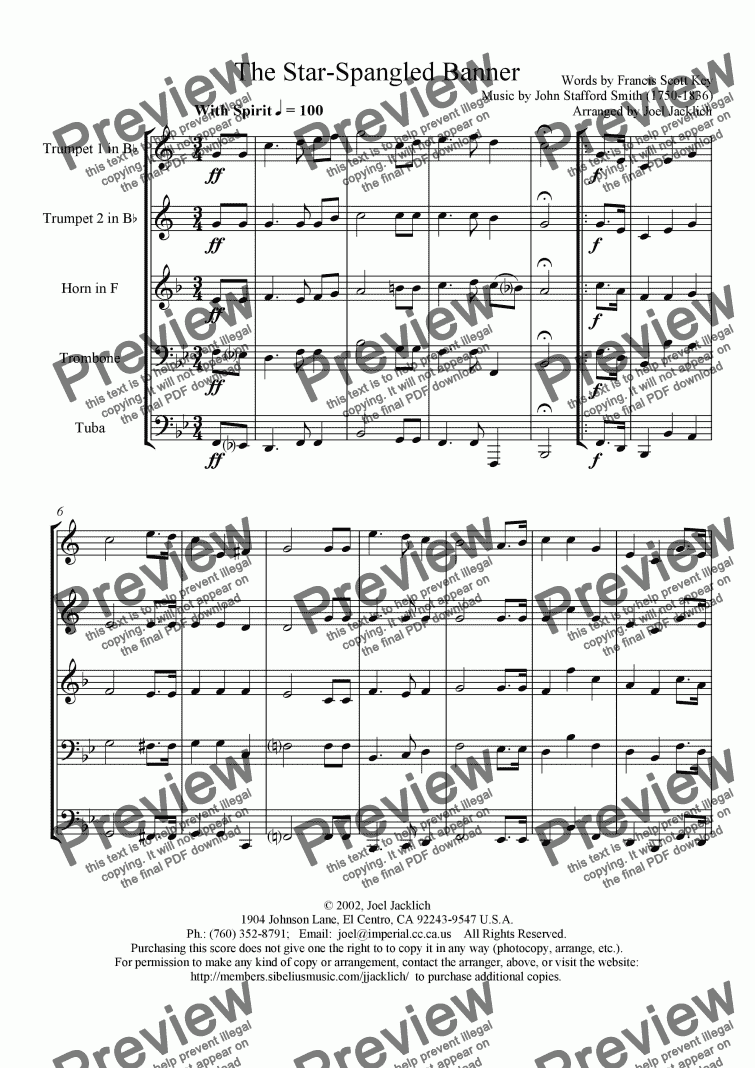 page one of The Star Spangled Banner (Bb) for Brass Quintet