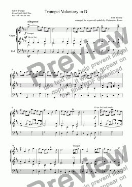 page one of Trumpet Voluntary in D by John Stanley arranged for modern organ with pedals 
