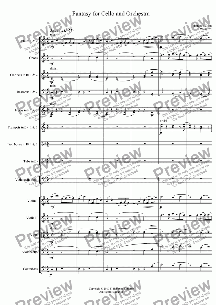 page one of Fantasy for Cello and Orchestra