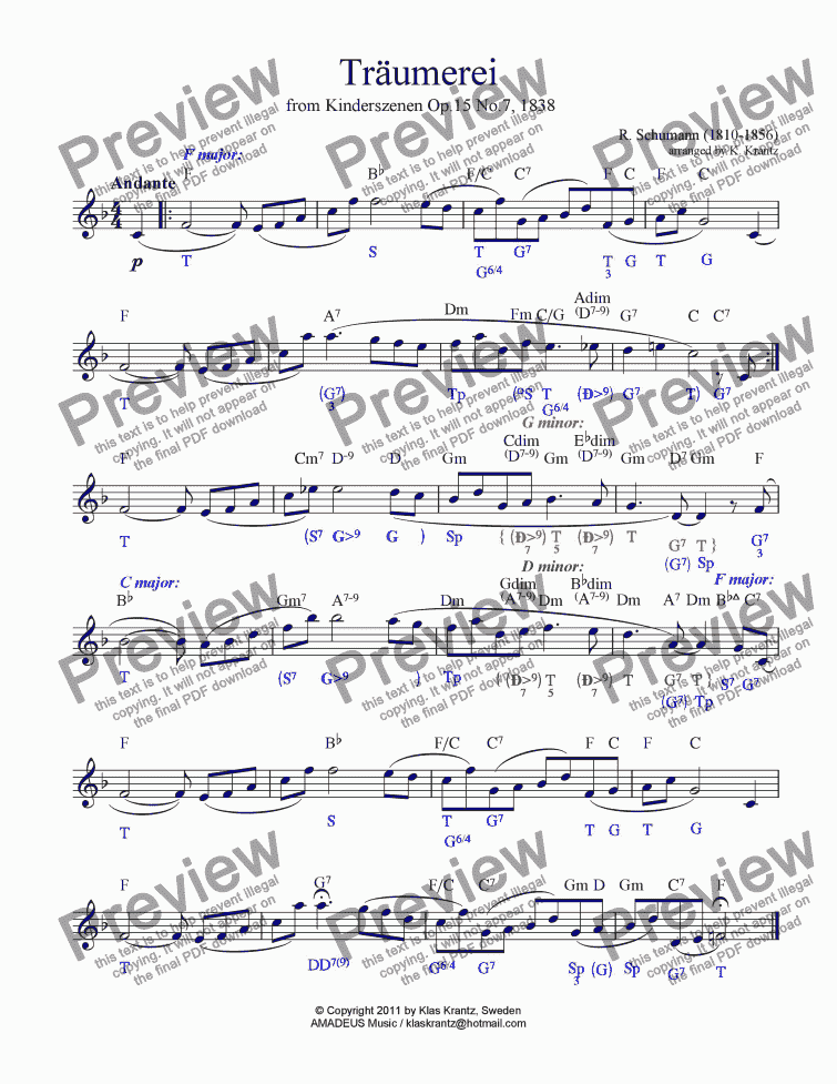 page one of Traumerei / Reverie / Dreaming Op.15 No.7 Worksheet +harmonic analysis