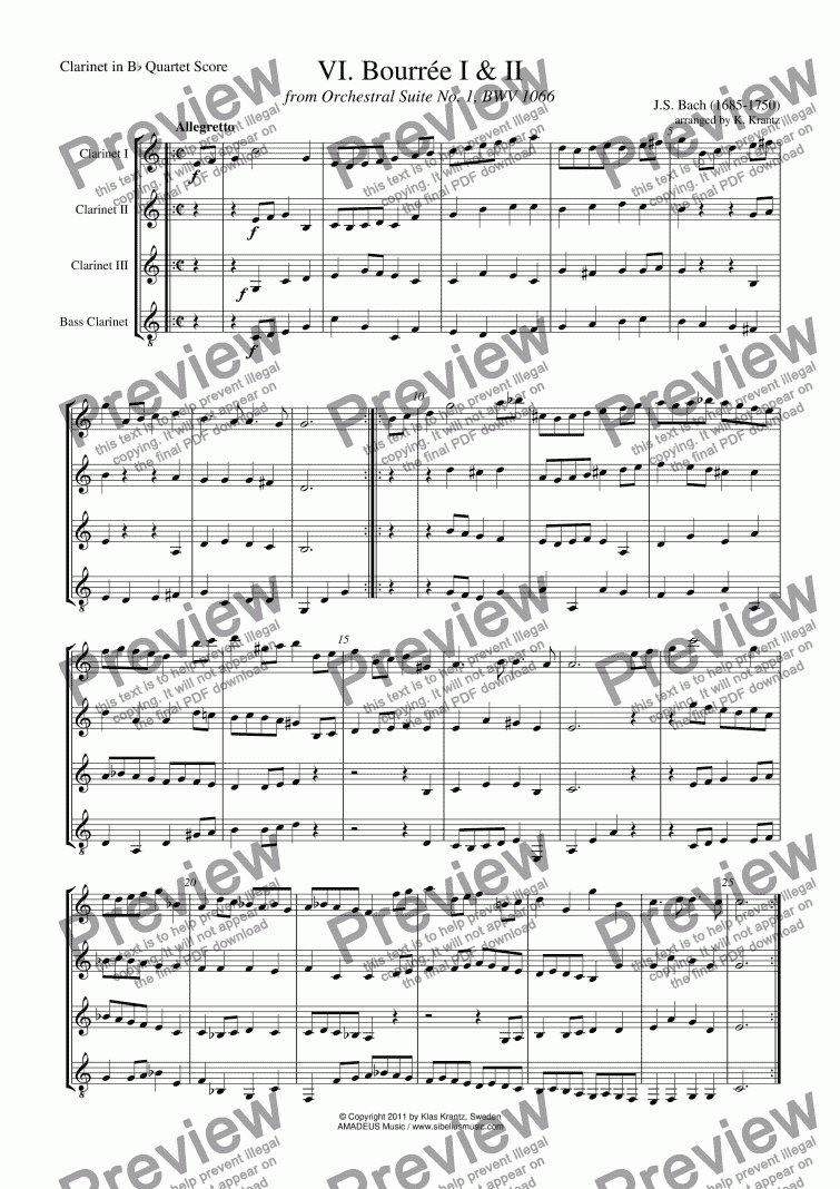 page one of Bourrée from Suite No. 1, BWV 1066 for clarinet quartet