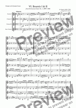 page one of Bourrée from Suite No. 1, BWV 1066 for clarinet quartet