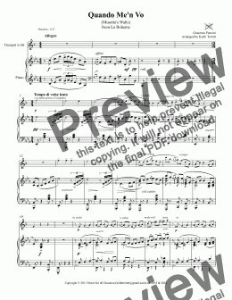 page one of Quando me’n vo (Musetta’s waltz) for Bb Trumpet/Cornet/Flugel/Bb Baritone/Bb Euphonium  & Piano