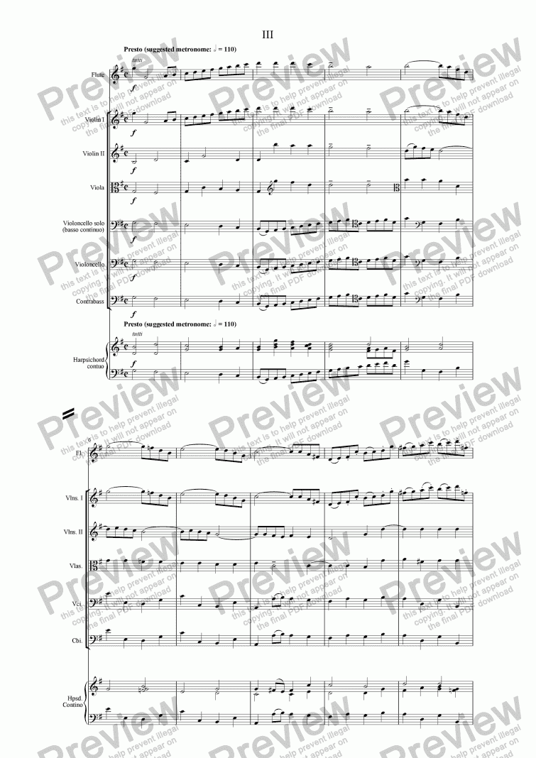 page one of J. S. BACH - STARR; "Italian Concerto" (third movement); an arrangement by Mark Starr for solo flute, string orchestra and harpsichord continuo of J. S. Bach’s work for solo harpsichord (BWV 971)