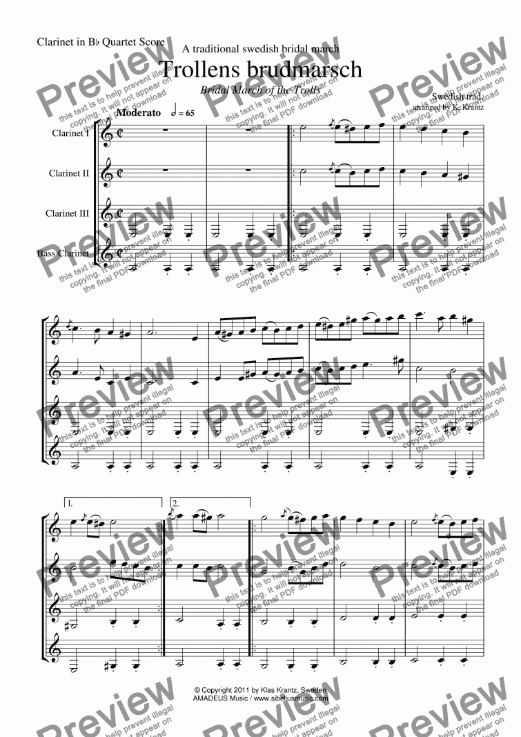 page one of Bridal march of the Trolls / Trollens brudmarsch (Sweden) for clarinet quartet