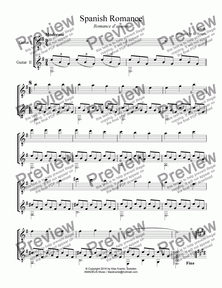 page one of Spanish Romance / Romance anónimo for guitar duet