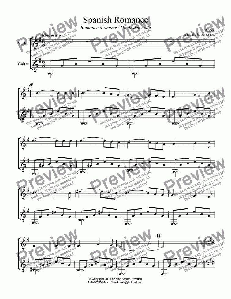 page one of Spanish Romance / Romance anónimo for violin and easy guitar (E minor)