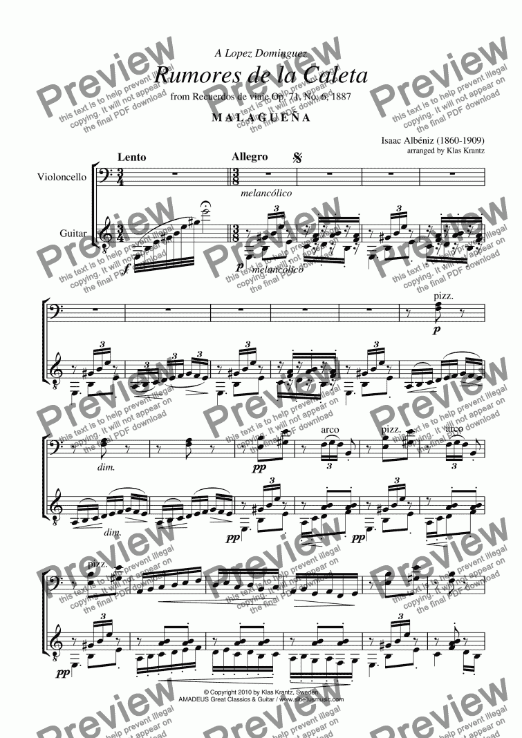 page one of Rumores de la Caleta Op. 71, No 6 for violoncello and guitar