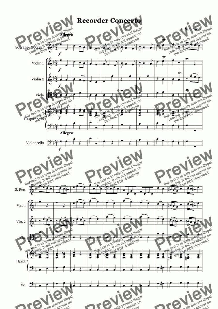 page one of Sammartini Recorder Concerto in F Major for Recorder and Strings