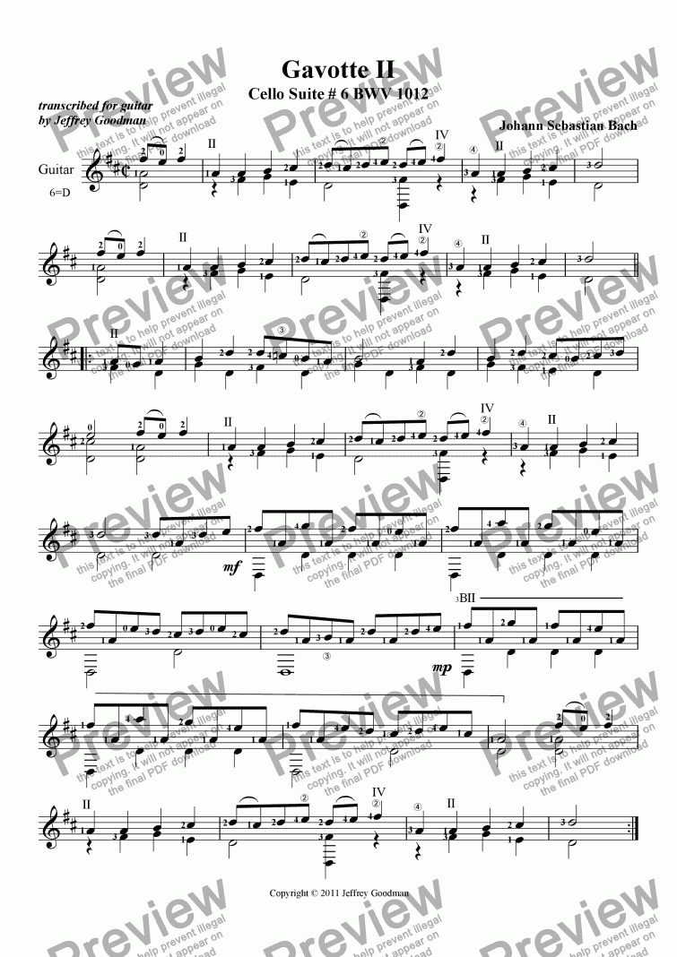 page one of Gavotte II from Cello Suite # 6 BWV 1012