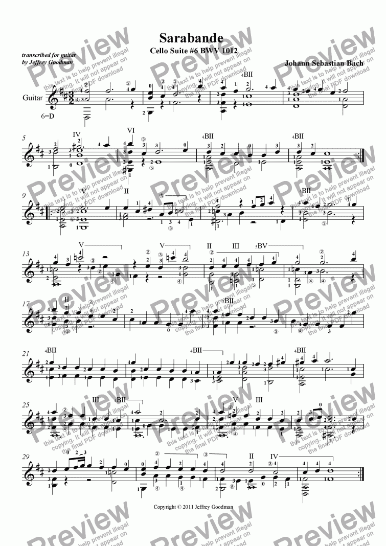 page one of Sarabande from Cello Suite # 6 BWV 1012