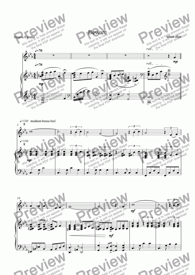 page one of Beware - Duet for violin and piano