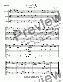 page one of Kemp's Jig for recorder trio (SAT)