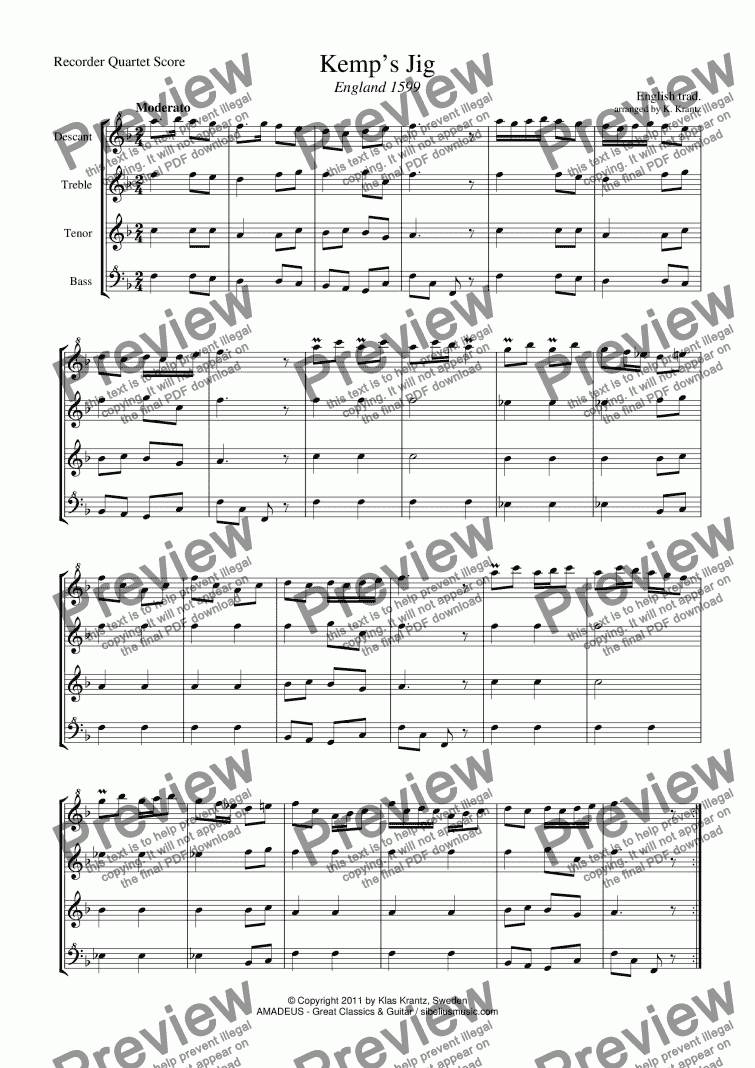 page one of Kemp's Jig for recorder quartet (SATB)