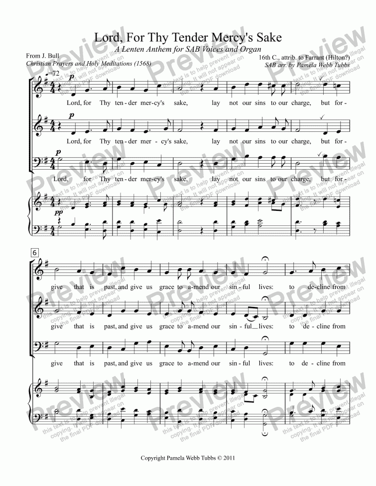 page one of Lord, For Thy Tender Mercy’s Sake (FARRANT), 16th C. Lent anthem for SAB mixed voices choir with Organ accompaniment, arr. by Pamela Webb Tubbs