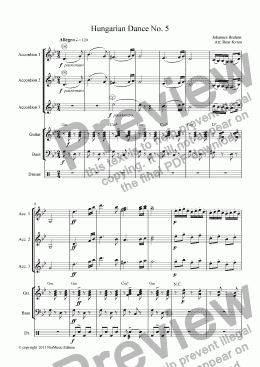 page one of Brahms: Hungarian Dance No. 5 (3 part Accordion Orchestra with Guitar, Drums and Bass)