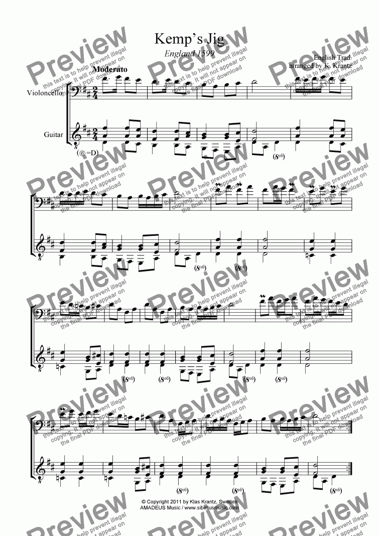 page one of Kemp's Jig and Spilt Whiskey (Suo-gan) for violoncello and guitar