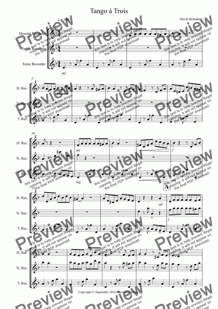 page one of Tango á Trois For Recorder Trio