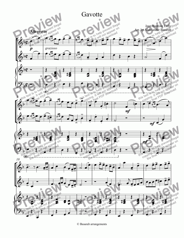 page one of Gavotte in D minor arr. for 2 Flutes & Piano