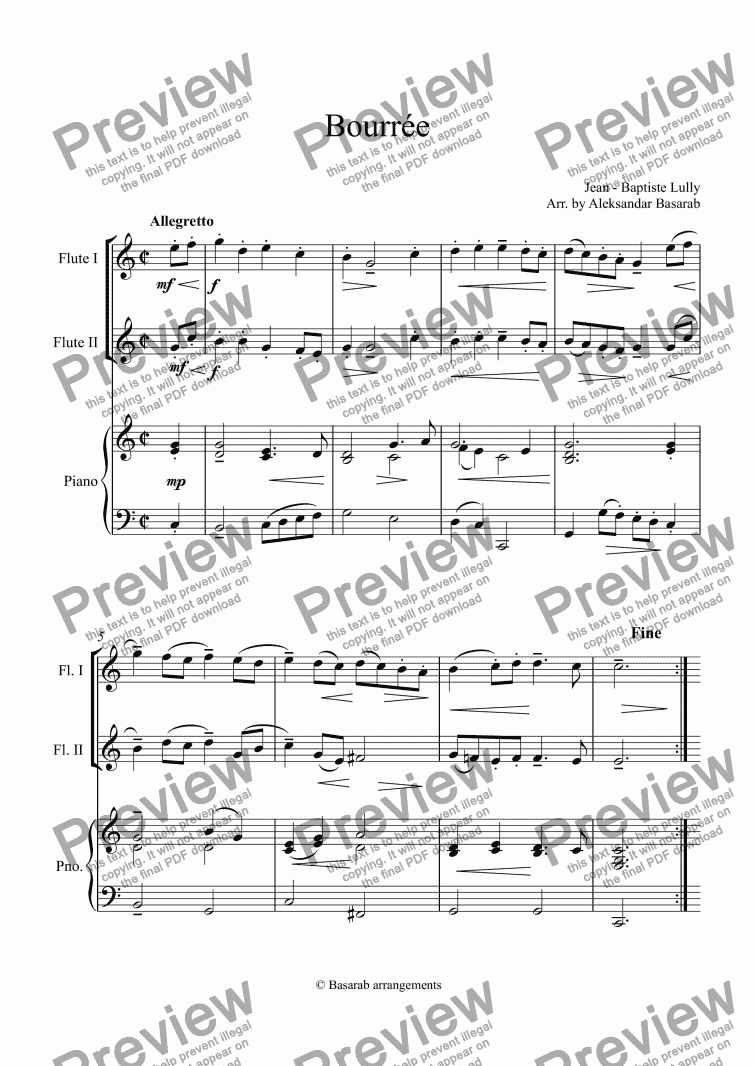 page one of Bourrée in C  major, arr. for 2 Flutes & Piano