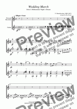 page one of Wedding March for descant recorder and guitar
