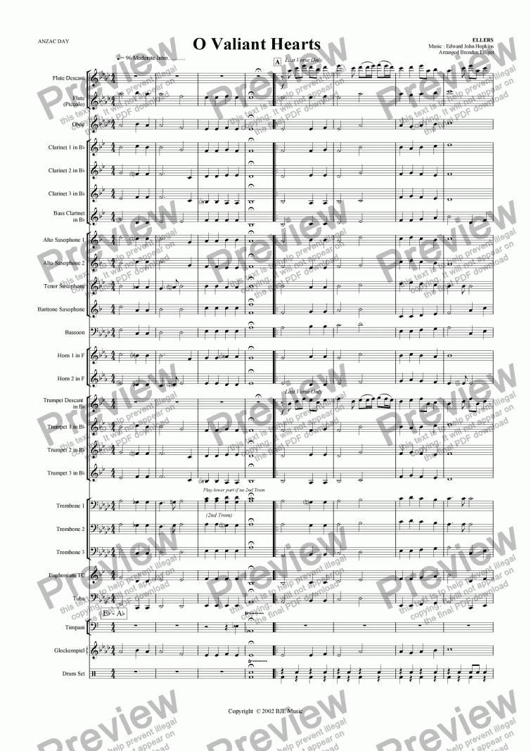 page one of O Valiant Hearts (Anzac Day) - Concert Band