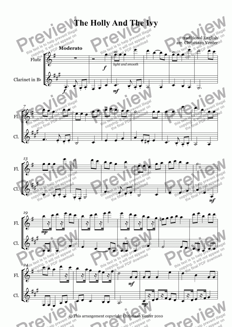 page one of The Holly And The Ivy for Flute and Clarinet