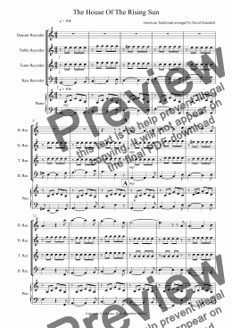 page one of House Of The Rising Sun for Recorder Quartet
