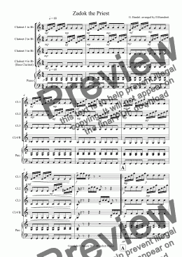 page one of Zadok the Priest For Clarinet Quartet
