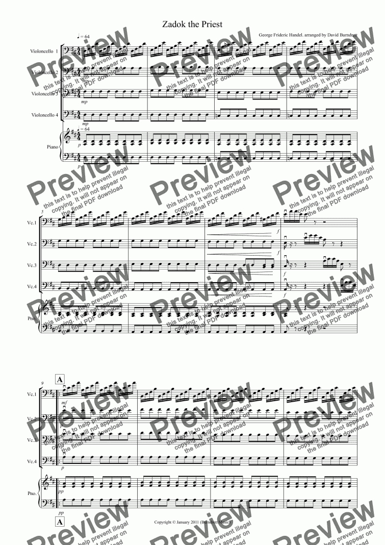 page one of Zadok The Priest For Cello Quartet