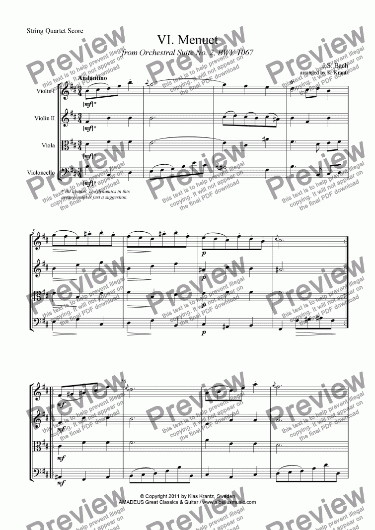 page one of Menuet from Suite No. 2, BWV 1067 for string quartet