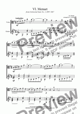 page one of Menuet from Suite No. 2, BWV 1067 for viola and guitar