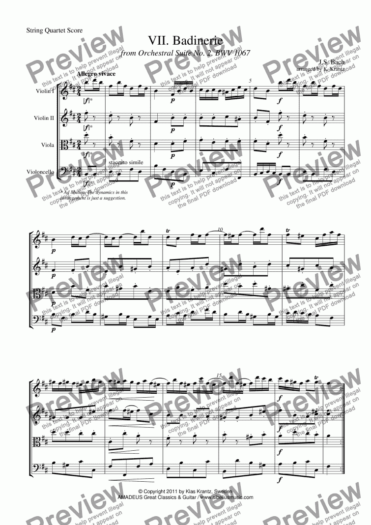 page one of Badinerie from Suite No. 2, BWV 1067 for string quartet