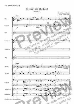 page one of Handel: O Sing Unto the Lord (SS or ST soli SSA choir and small orchestra)