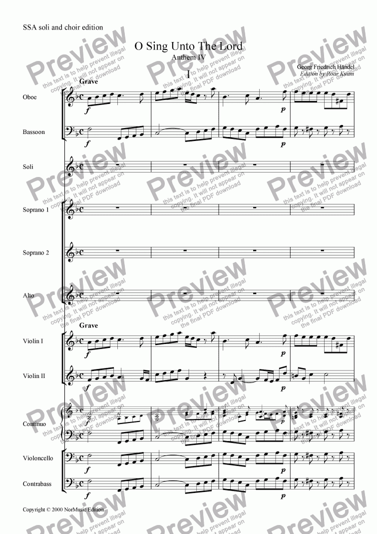page one of Handel: O Sing Unto the Lord (SS or ST soli SSA choir and small orchestra)