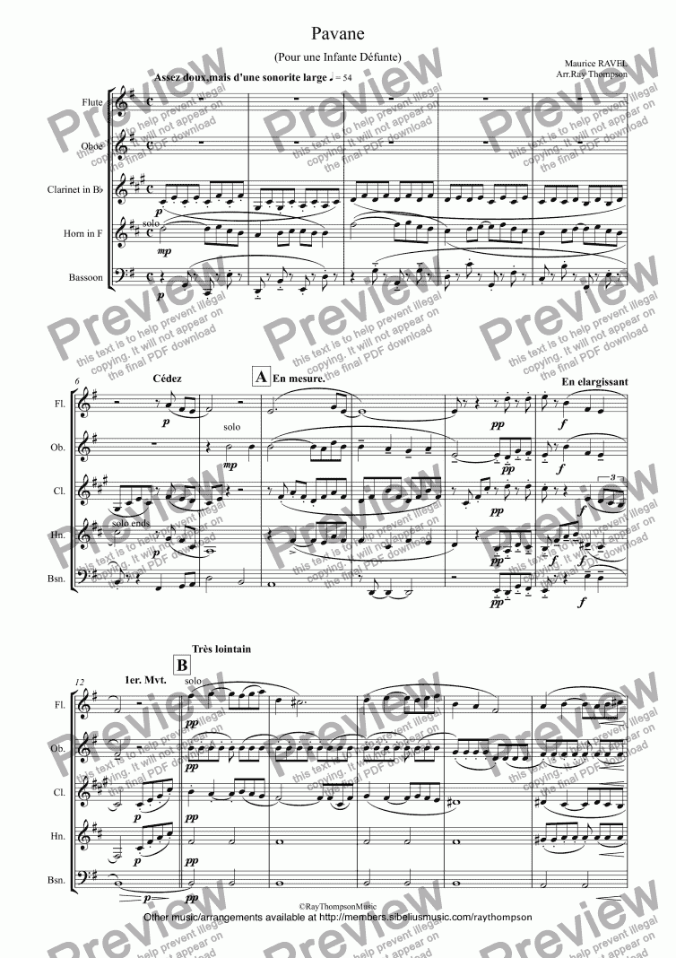 page one of Ravel: Pavane pour une Infante Defunte (Pavane for a dead princess) - wind quintet