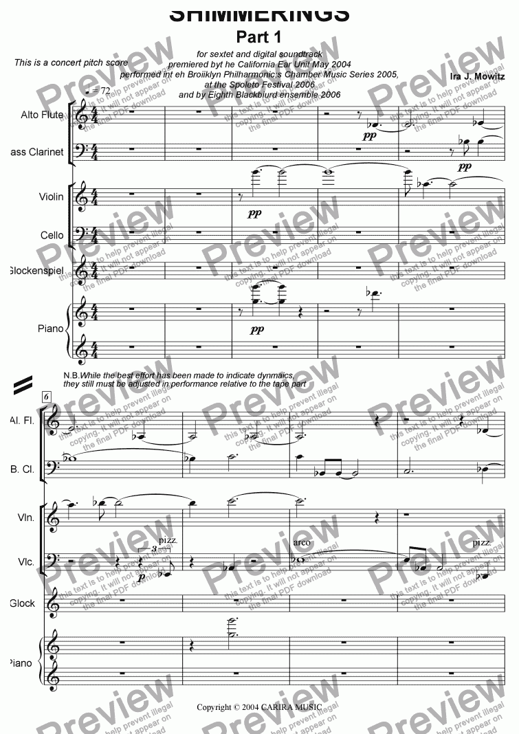 page one of Shimmerings  for Pierrot Ensemble and digital soundtrack