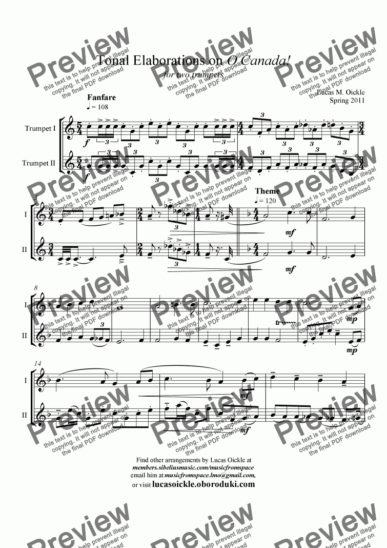 page one of Tonal Elaborations on ’O Canada’, for two trumpets (2011)