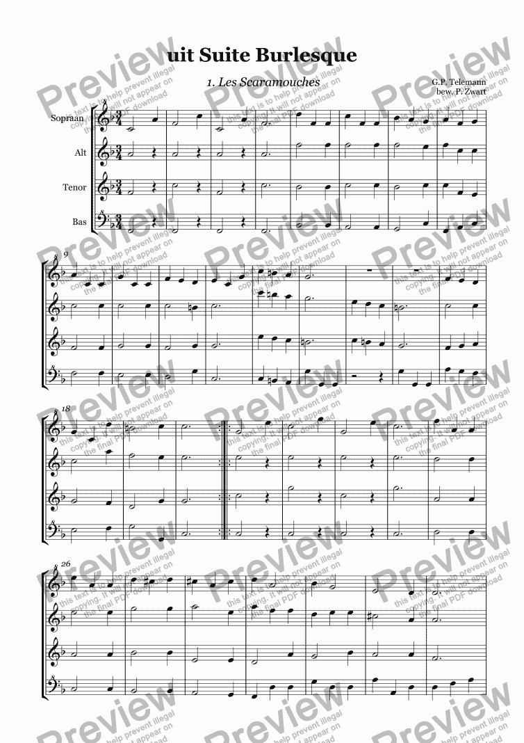 page one of Suite Burlesque (Telemann) (5 pieces)